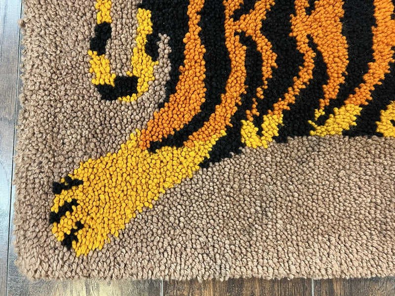 Small Hooked Rug 2x3, Tibetan Tiger Design, Wool, Unique Hooked Rug, Vintage by Jewel Rugs
