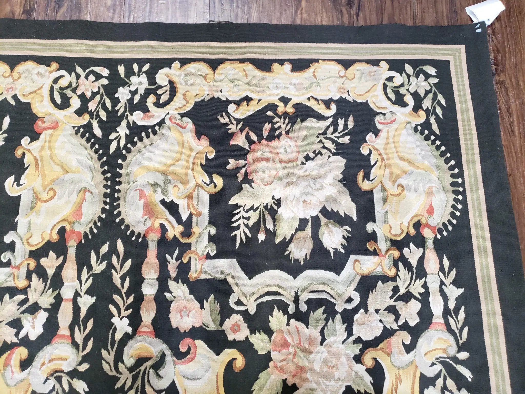 Vintage Black Aubusson Area Rug 8x10, Large Flowers Chinese Aubusson Carpet 7.9 x 10, Wool Hand-Knotted Floral Pattern Flat Weave Rug Nice by Jewel Rugs