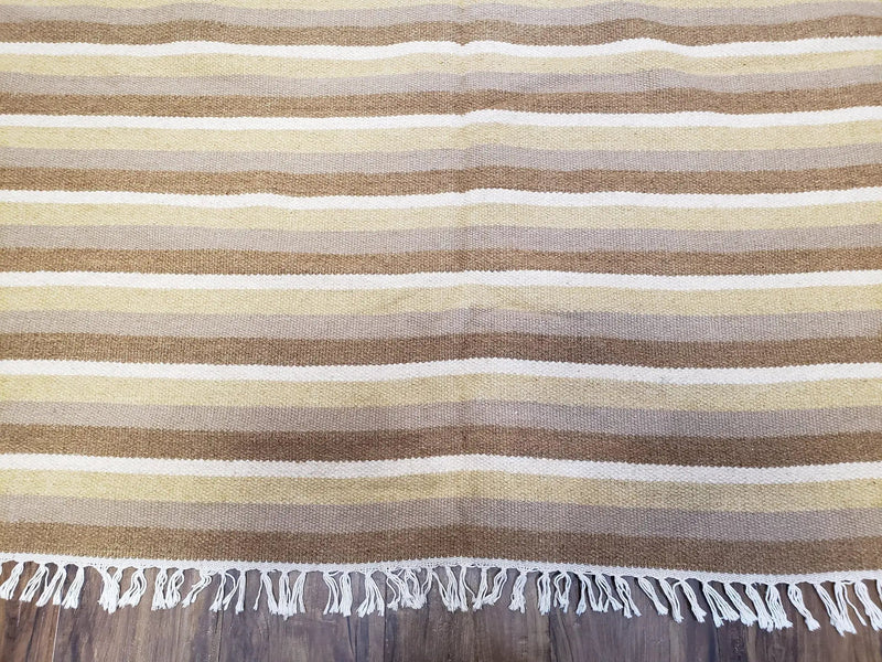 Indian Striped Blanket 6x9, Large Indo Kilim Area Rug, Earthern Tones Woolen Hand-Woven Flatweave South American Style Queen Size Bedspread by Jewel Rugs