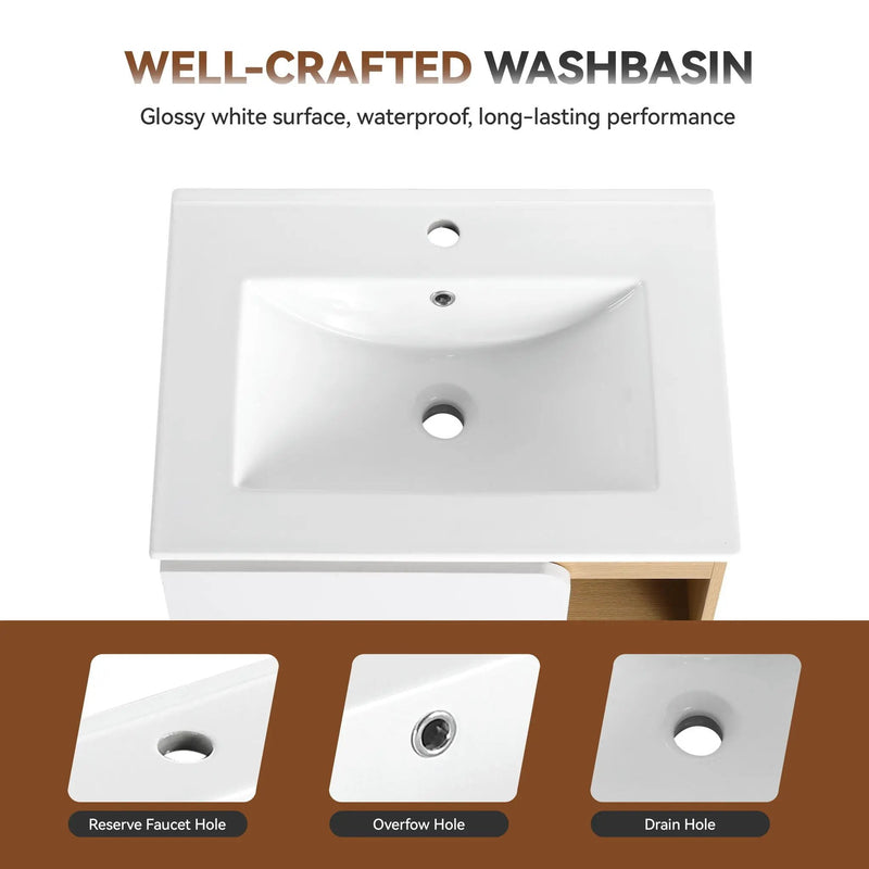Freestanding Bathroom Vanity With Thin Rim Sink, Single Door With 4 Tier Open Shelves - Light Oak / White by HouseOfZazla