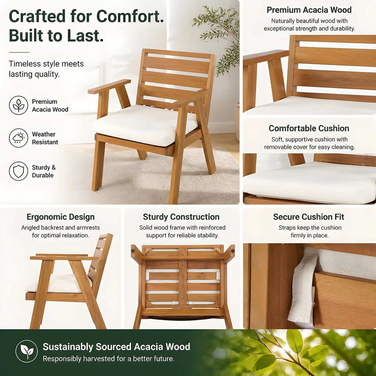 Outdoor Dining Chairs Set of 2, Acacia Wood Patio Chairs by HouseOfZazla