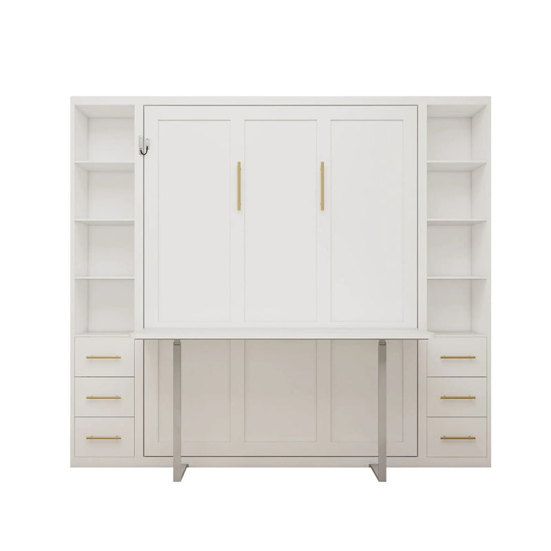 Queen Size Murphy Wall Bed With Side Storage Cabinets - White by HouseOfZazla