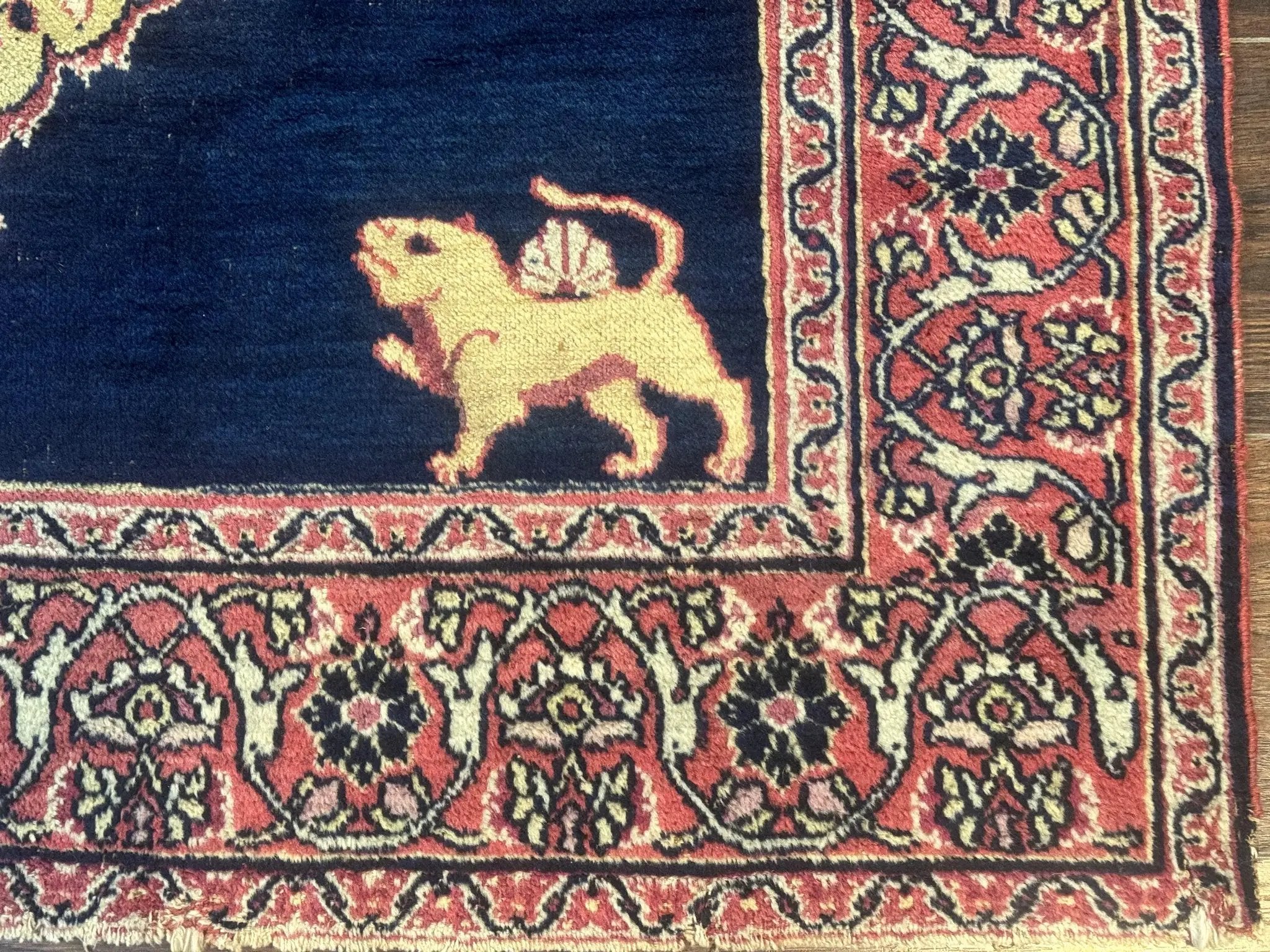 Antique Persian Mashad Rug 4x6, Semi Open Field, Navy Blue, Lion Pictorials, Triple Medallion, Dorokhsh Rug by Jewel Rugs