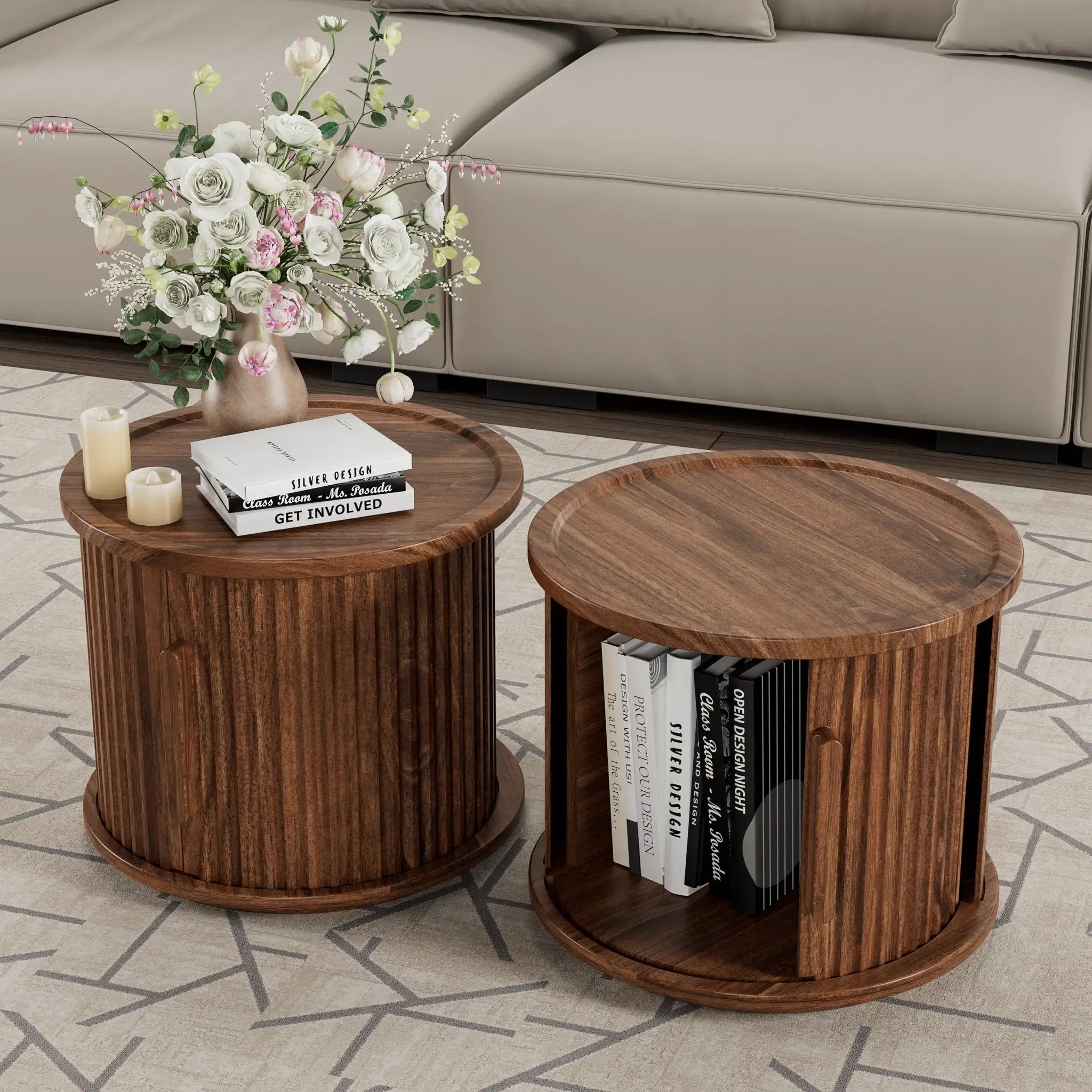 2Piece Round Coffee Table Set, Modern Nesting Side Tables with Sliding Door Storage by HouseOfZazla