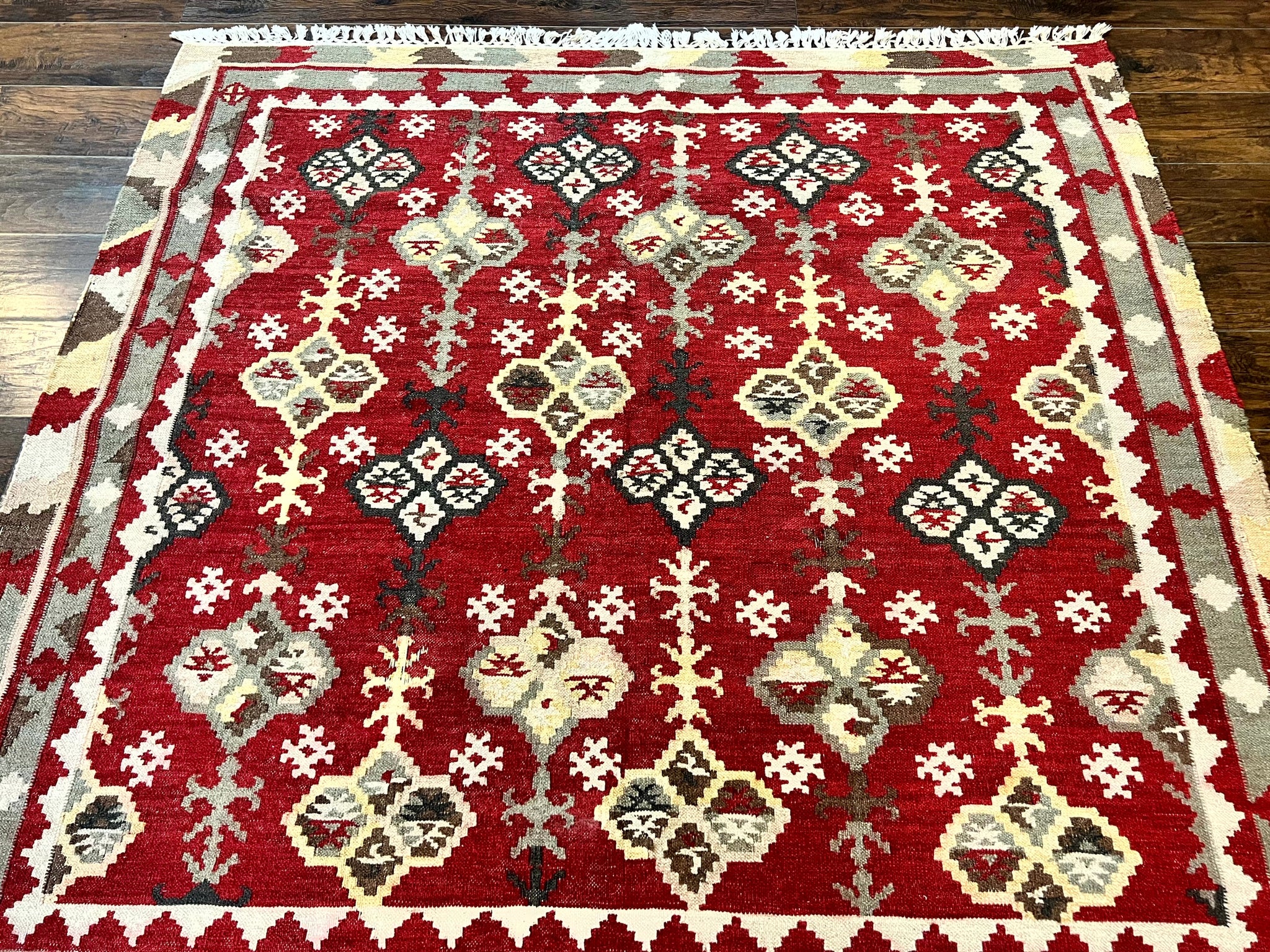 Indian Kilim Rug 6x6, Square Kilim Flatweave Carpet, Vintage Handmade Wool Rug, Red by Jewel Rugs