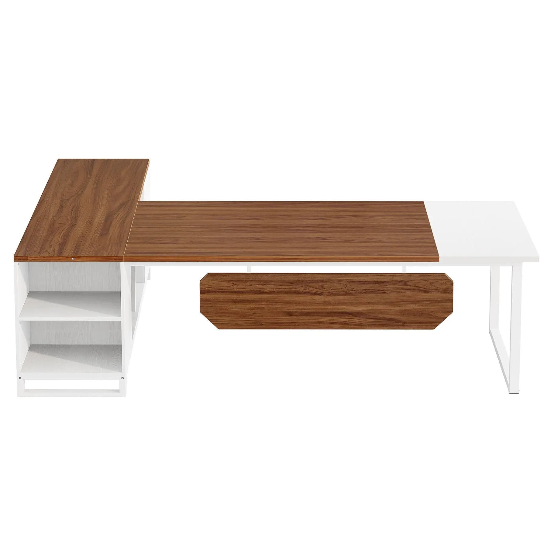 L-Shaped Executive Desk With File Cabinet, Large Workspace For Home Office - White / Walnut by HouseOfZazla
