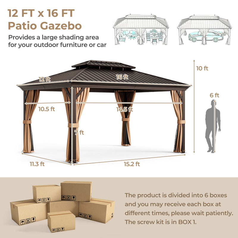 12' x 16' Double-Roof Hardtop Gazebo with Galvanized Steel Roof-Coffee by DirectDeals