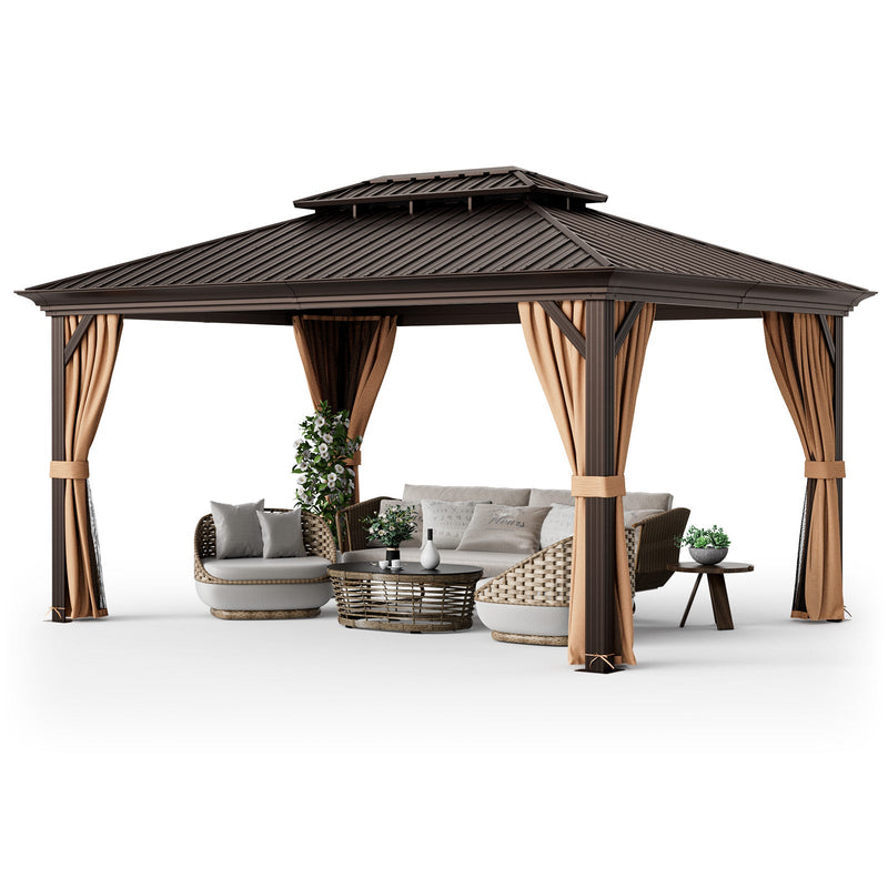 12' x 16' Double-Roof Hardtop Gazebo with Galvanized Steel Roof-Coffee by DirectDeals