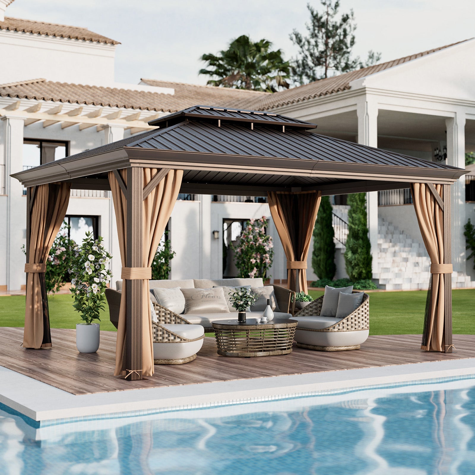12' x 16' Double-Roof Hardtop Gazebo with Galvanized Steel Roof-Coffee by DirectDeals