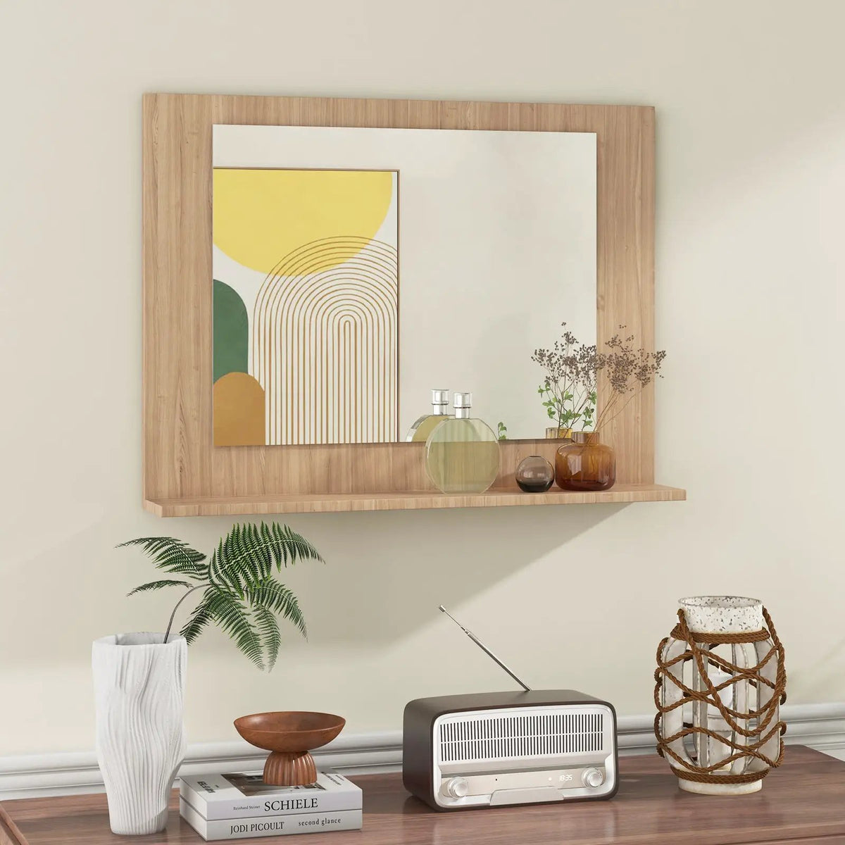 Rectangle Bathroom Mirror with Shelf 23.5 x 17.5 Inch and Wood Frame, photo 7 of 10