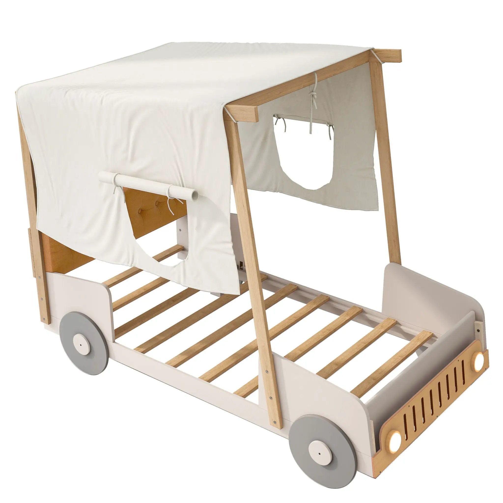Twin Size Car Bed With Pillow, Ceiling Cloth And LED - Natural by Unique Piece Furniture