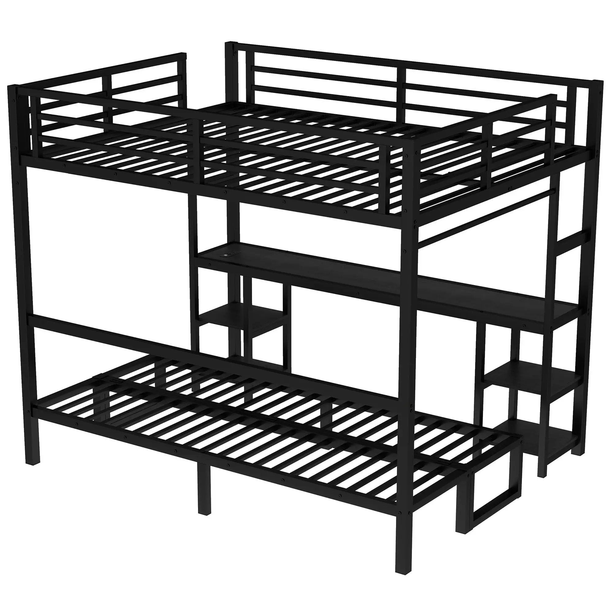 Queen Over Twin XL Metal Bunk Bed with Desk and Shelves by HouseOfZazla
