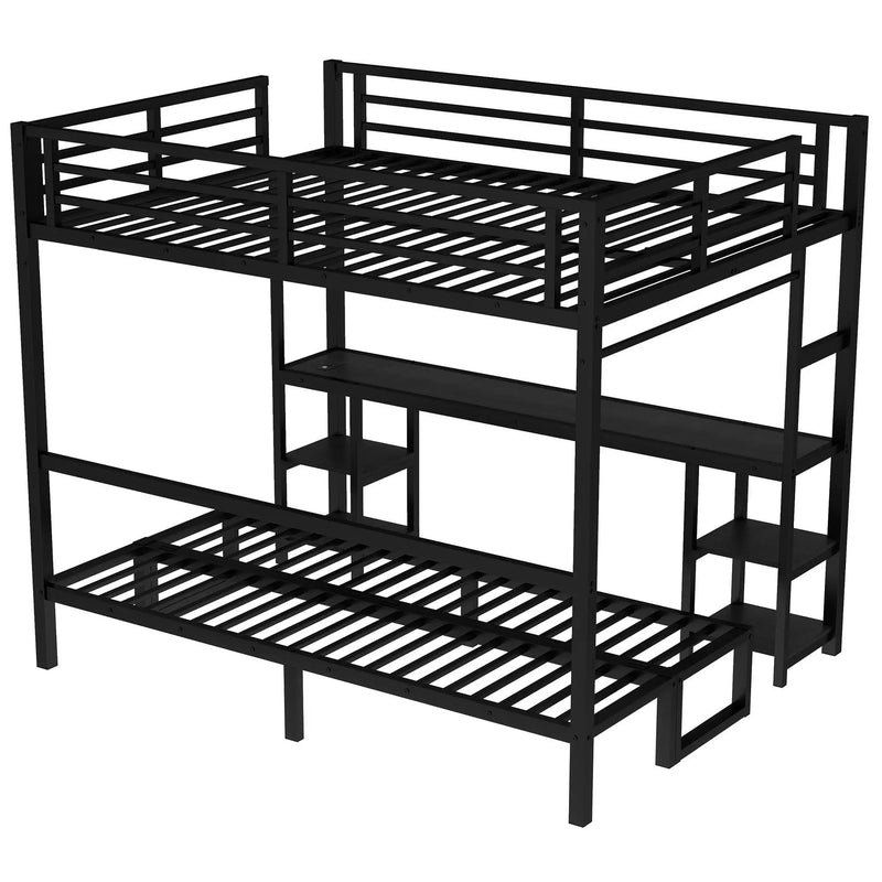 Queen Over Twin XL Metal Bunk Bed with Desk and Shelves by HouseOfZazla