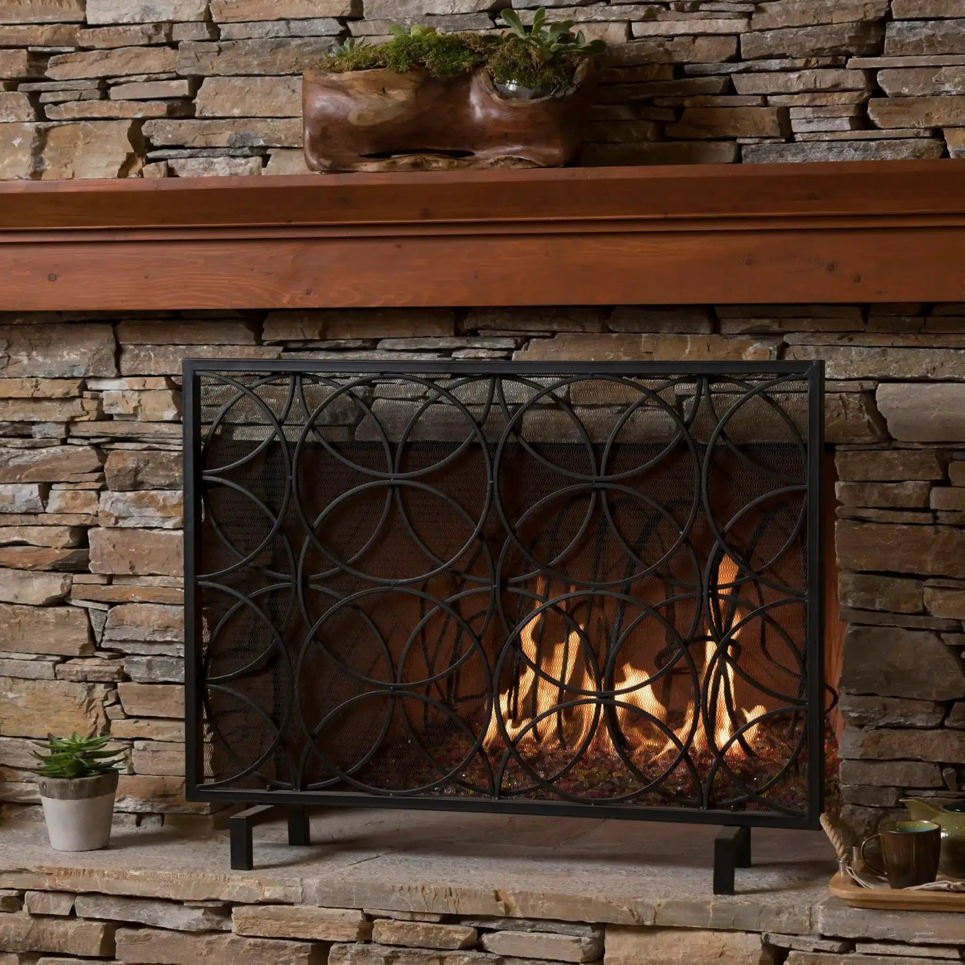Thayer Single Panel Iron Fireplace Screen with Geometric Design by HouseOfZazla