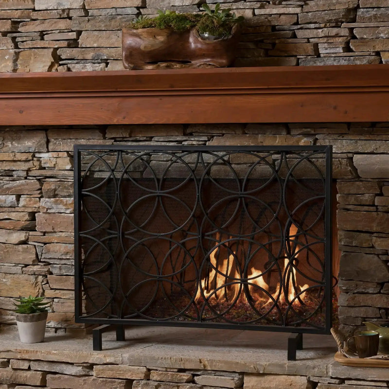 Thayer Single Panel Iron Fireplace Screen with Geometric Design by HouseOfZazla