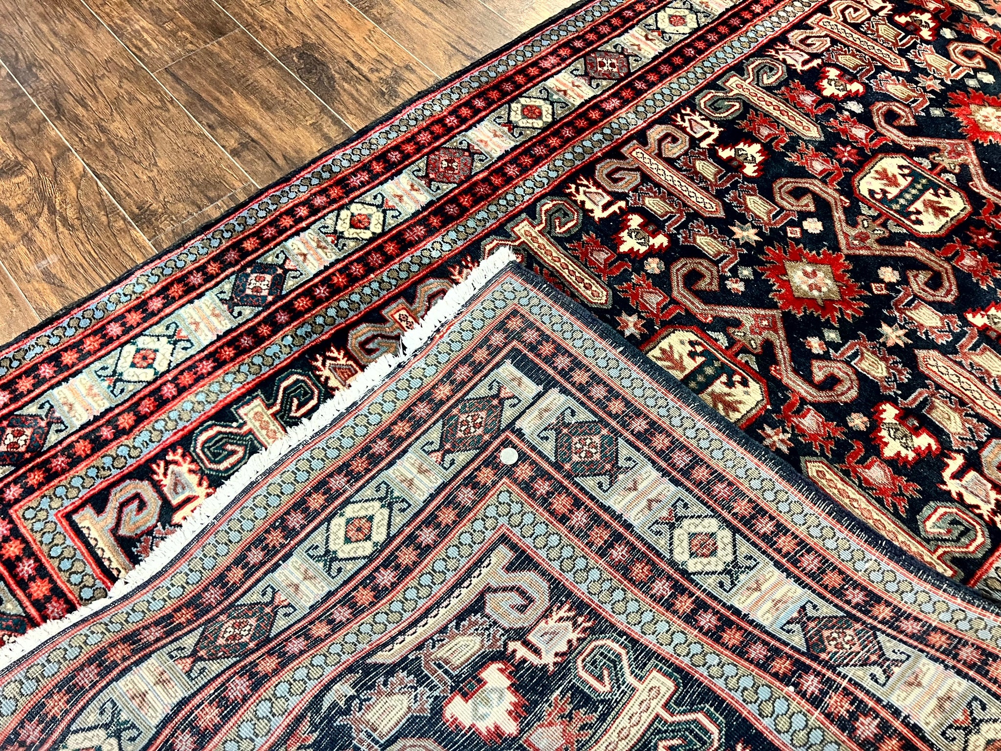Persian Wide Runner Rug 4.8 x 10, Persian Kalegi Ardabil Rug, Perpedil Caucasian Rug, Antique Handmade Wool Carpet, Navy Blue Red, Tribal Rug by Jewel Rugs