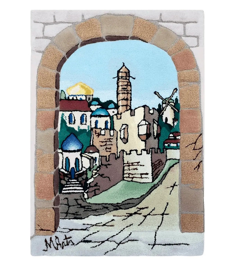 Small Judaica Rug, Rug with Jerusalem Pictorial, Chanuka Gift, Hand-Tufted, Jerusalem Gate, Vintage Judaica, Western Wall Rug, 3x4 Rug by Jewel Rugs