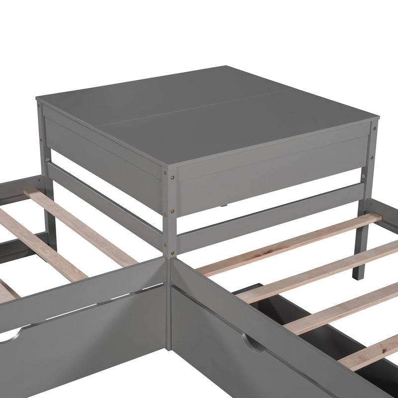L Shaped Platform Bed With Trundle And Drawers Linked With Built In Desk