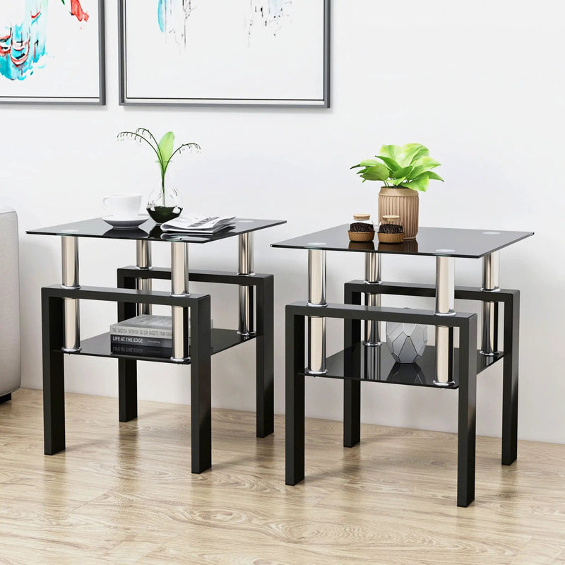 Modern Tempered Glass Tea Table, End Square Table For Living Room (Set of 2) - Black by Unique Piece Furniture