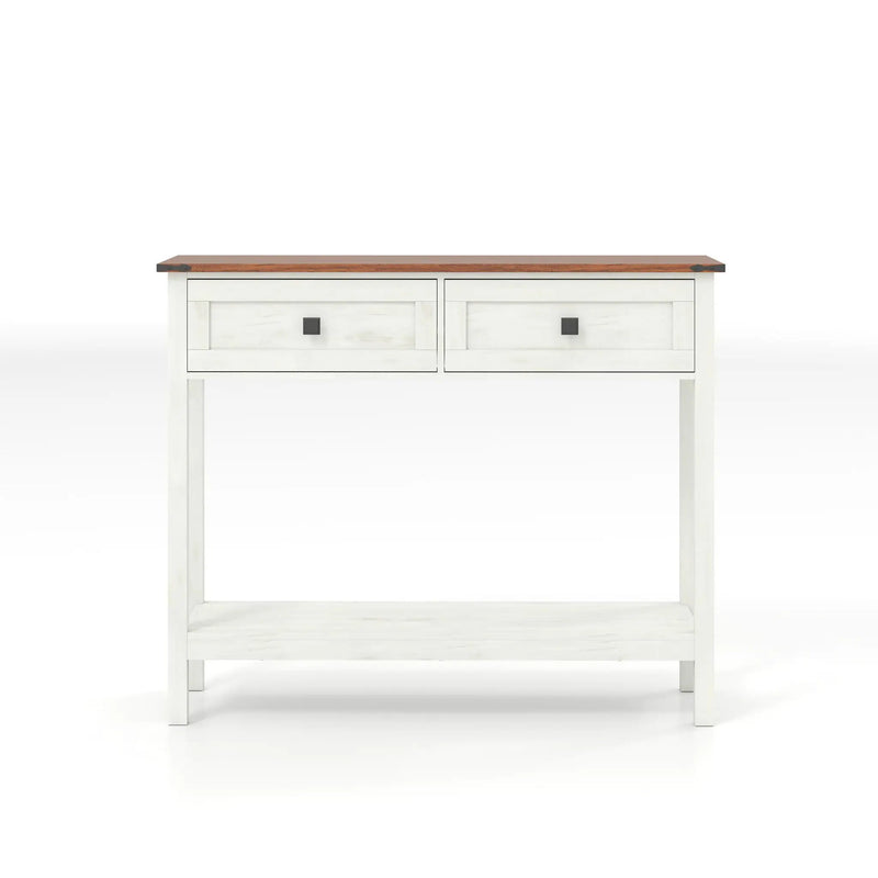 Farmhouse Style Console Table With 2 Drawers And Bottom Storage Shelf
