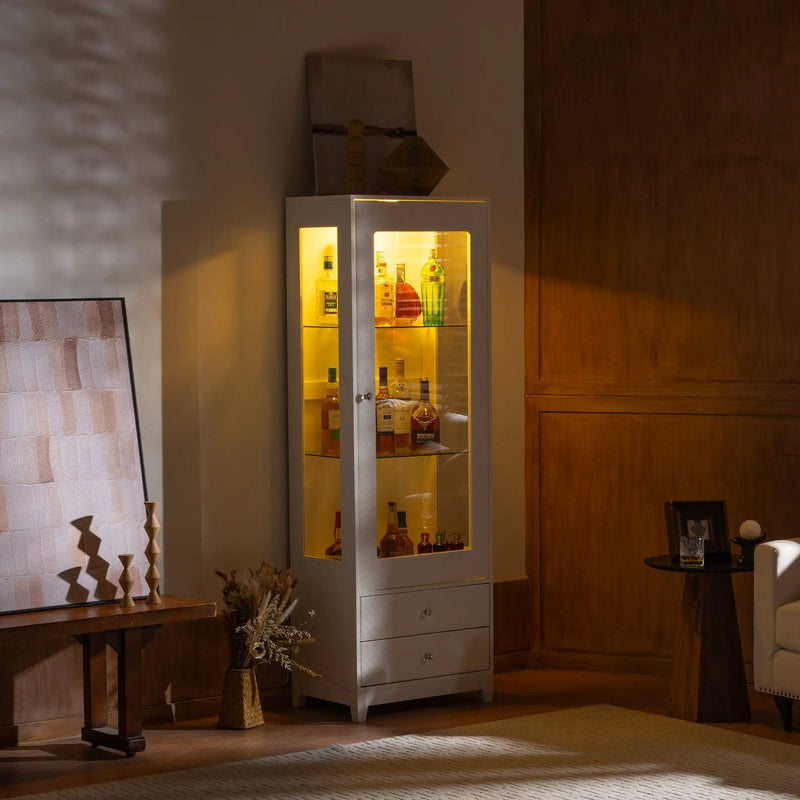Modern Upholstered Glass Display Cabinet With Adjustable LED Light - White by Unique Piece Furniture