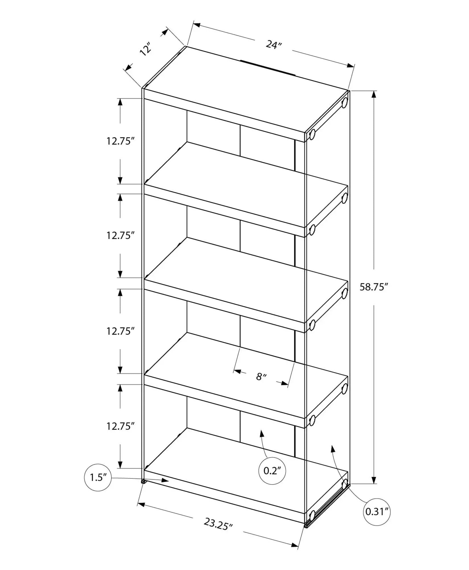 Bookshelf, Bookcase, Etagere, 5 Tier, Glossy Clear Tempered Glass - White by Unique Piece Furniture
