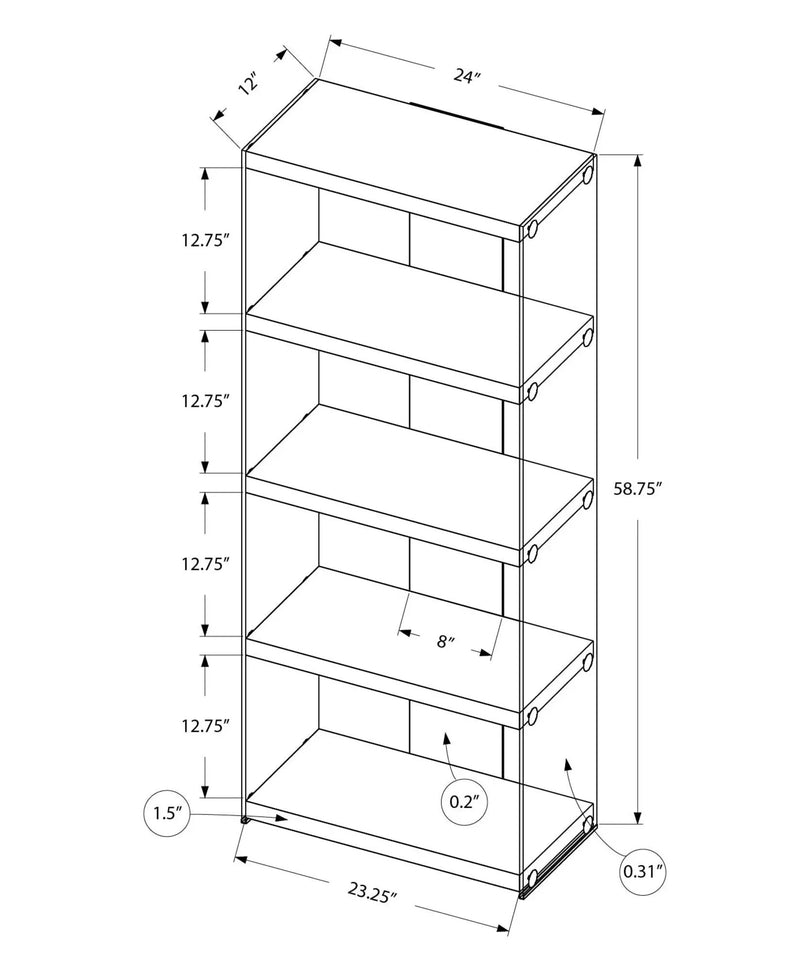 Bookshelf, Bookcase, Etagere, 5 Tier, Glossy Clear Tempered Glass - White by Unique Piece Furniture