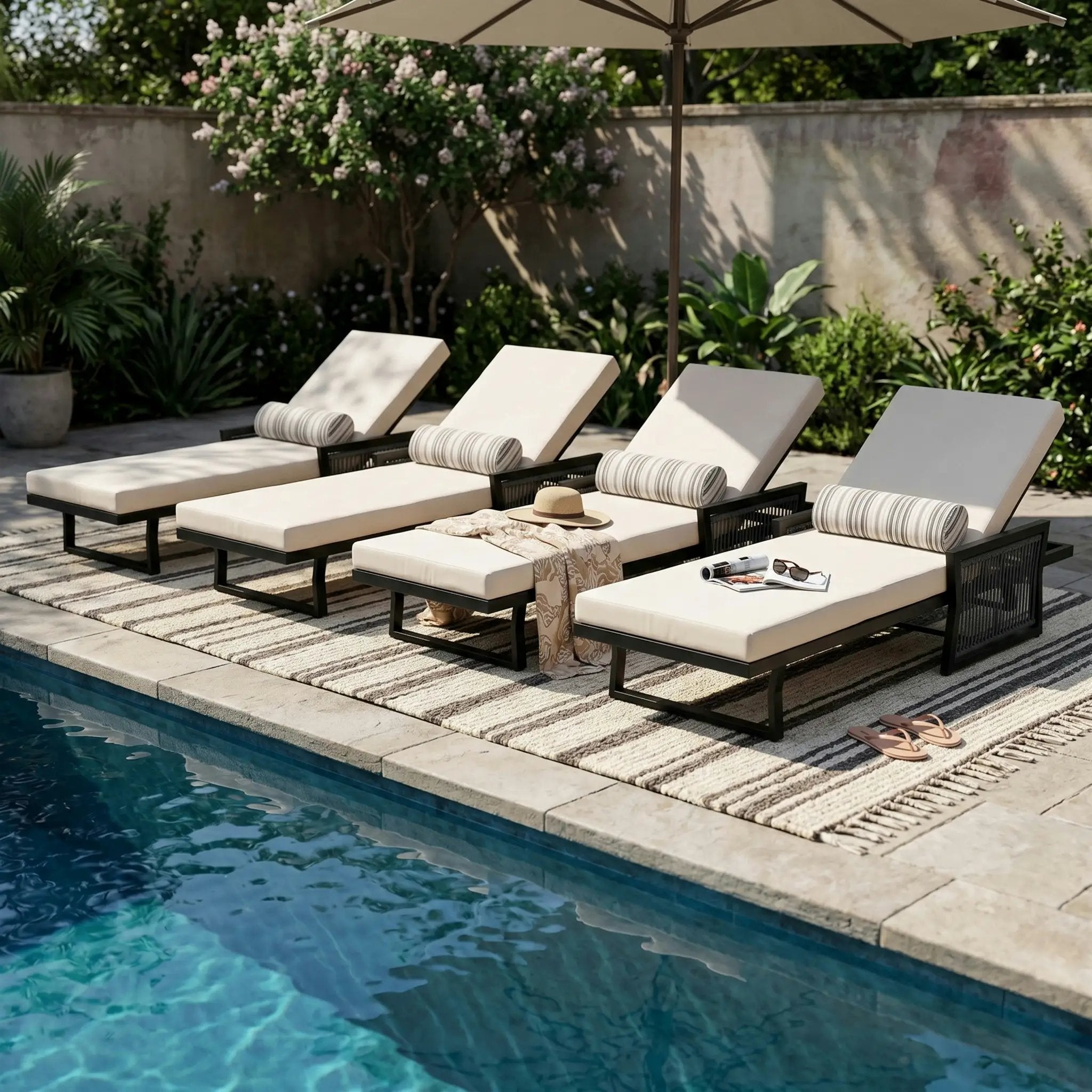 Black Iron Outdoor Chaise Lounge with Cream Cushion by HouseOfZazla