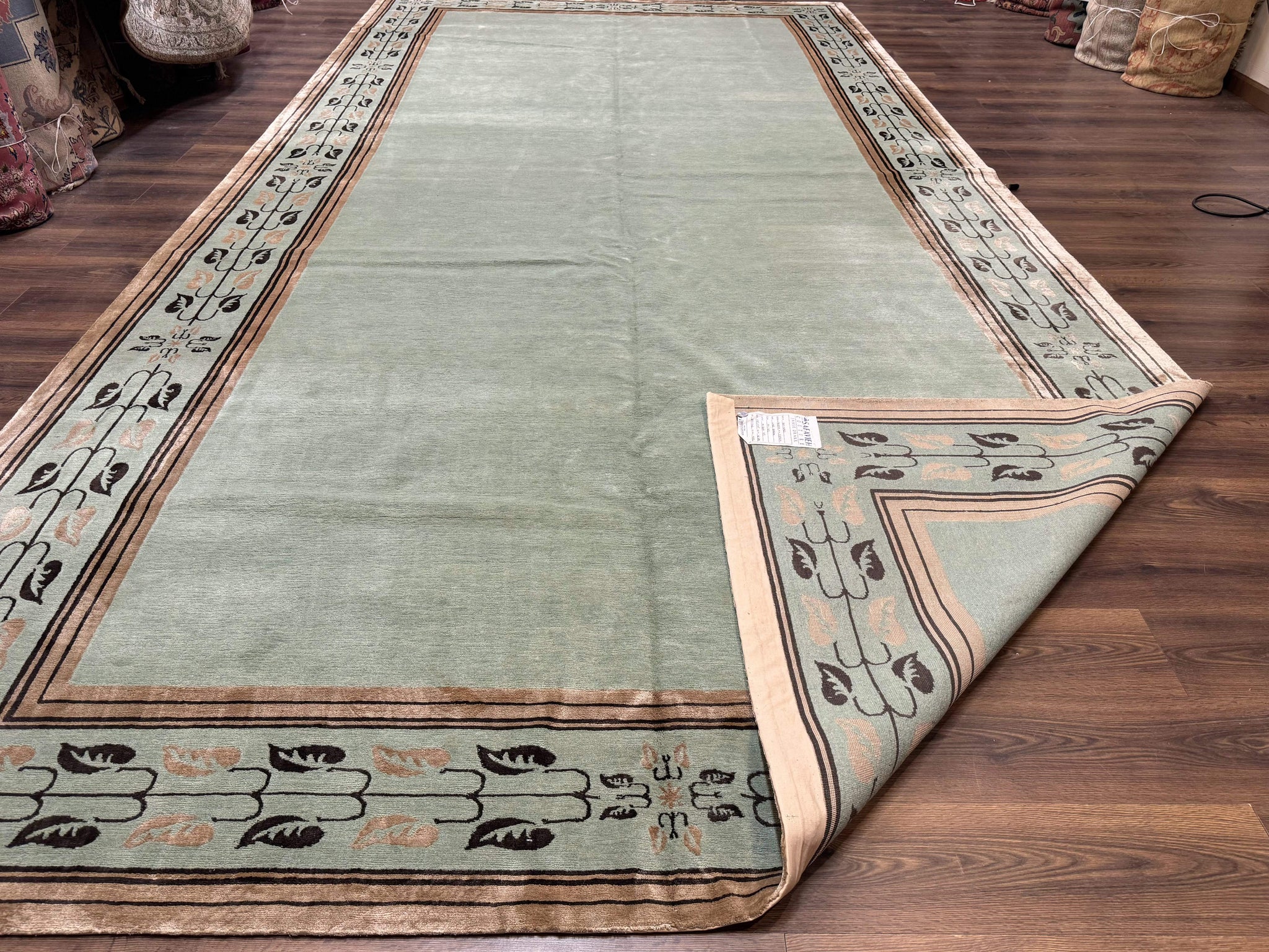 Palace Size Nepali Rug 9x18, Open Field, Light Mint Green, Wool Hand Knotted, Modern Contemporary by Jewel Rugs