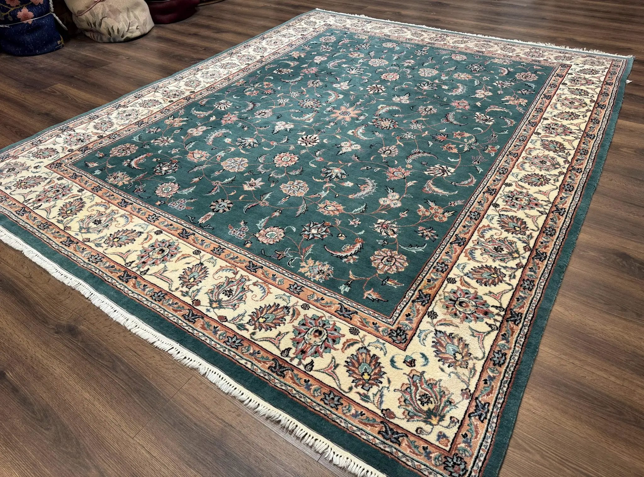 Indo Persian Rug 8x10, Green and Beige Oriental Carpet, Traditional Wool Area Rug, Floral Allover Pattern by Jewel Rugs