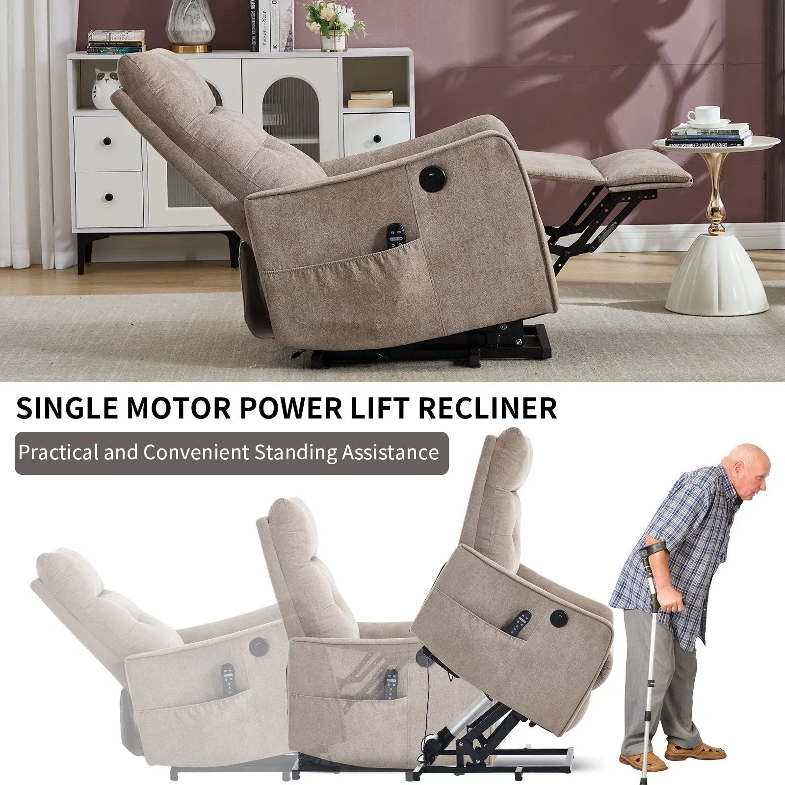 Khaki Chenille Power Lift Recliner Chair with Massage and Heat by HouseOfZazla