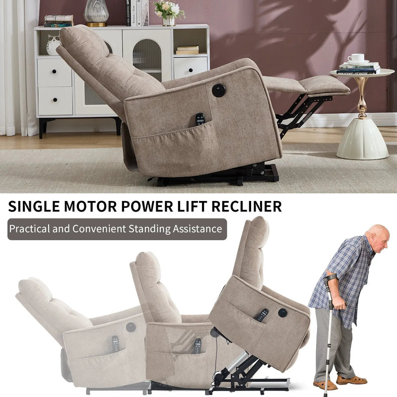 Khaki Chenille Power Lift Recliner Chair with Massage and Heat by HouseOfZazla