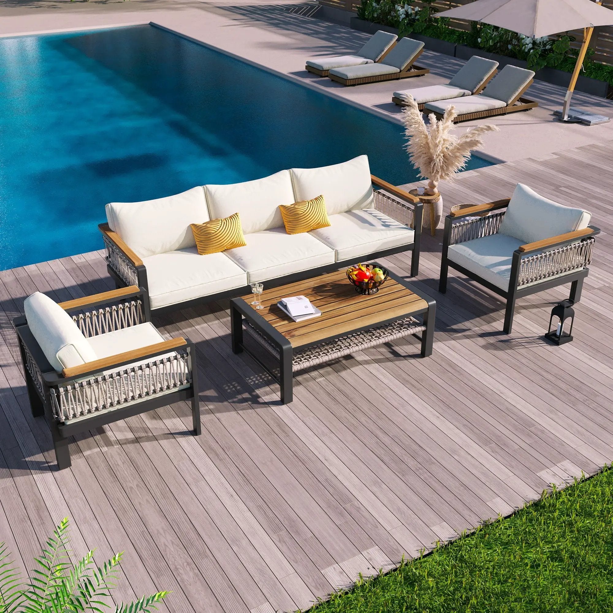 4 Pieces Outdoor Sectional Sofa Set 5 Person Patio Seating Group Outdoor Conversation Set With Cushions And A Coffee Table For Patios by HouseOfZazla