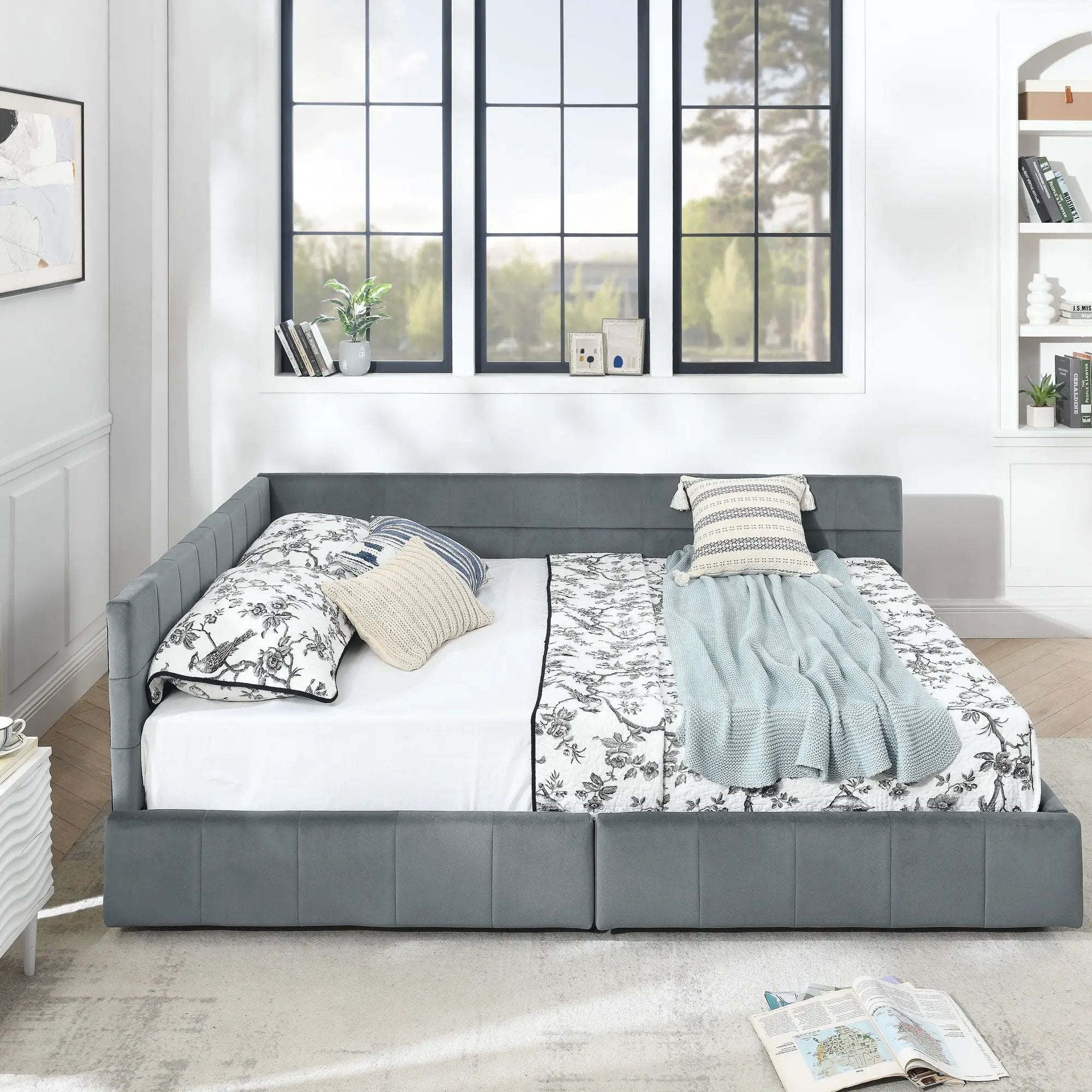Mid-Century Storage Upholstered Tufted Bed Frame With Backrest And Armrests by Unique Piece Furniture