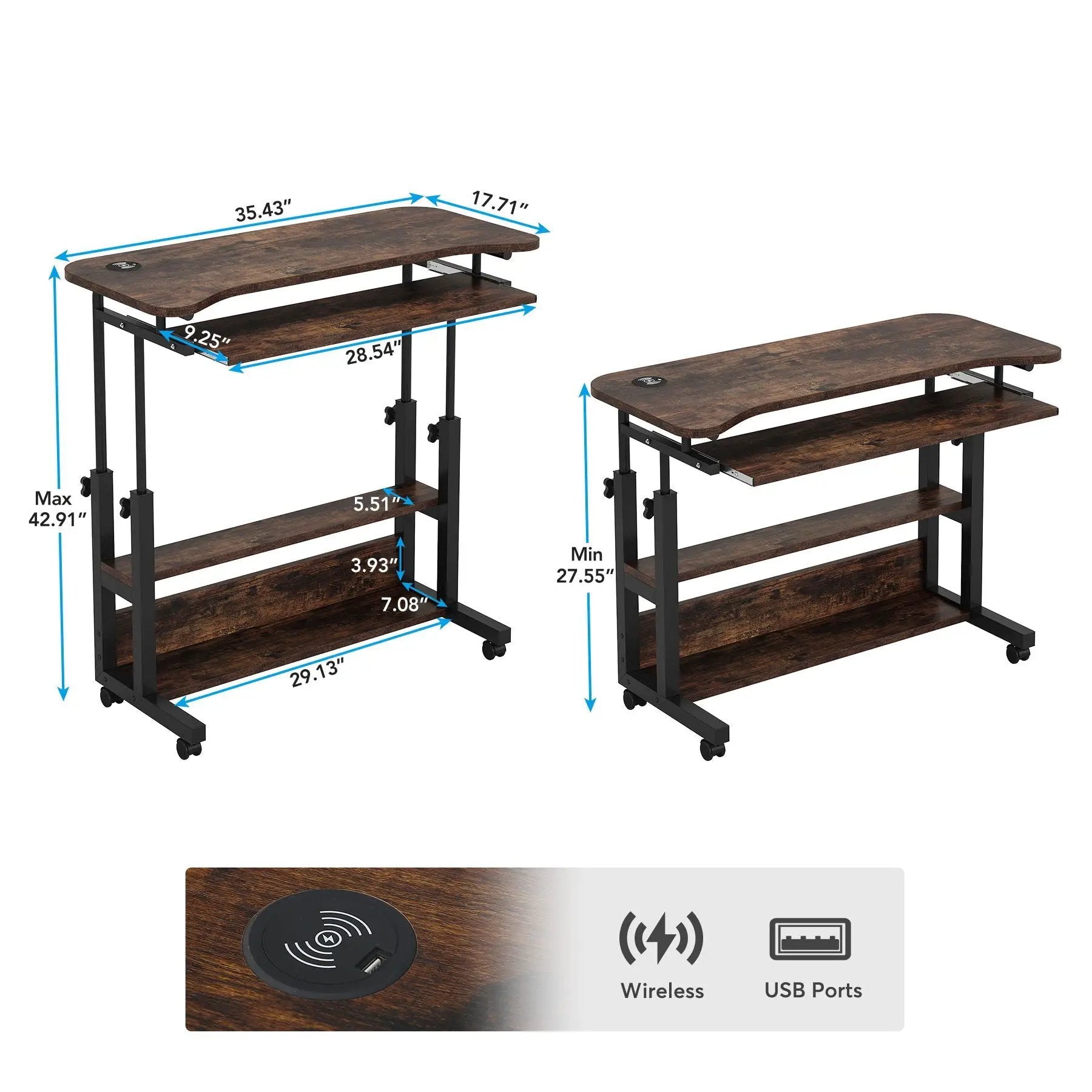 Portable Adjustable Desk With Power Outlets, USB Charging Ports, And Sliding Keyboard Tray - Brown / Black by HouseOfZazla