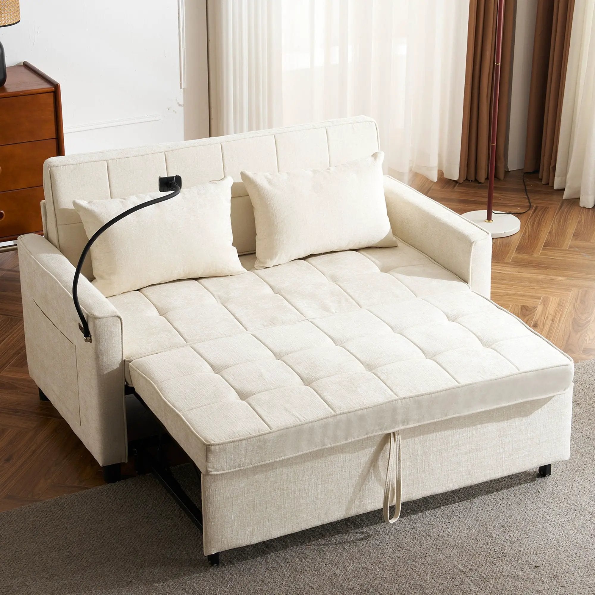 Pull-Out Sleeper Sofa With Reversible Backrest Cushion, Side Pockets, 2 USB Ports And A Phone Holder For Living Room by HouseOfZazla