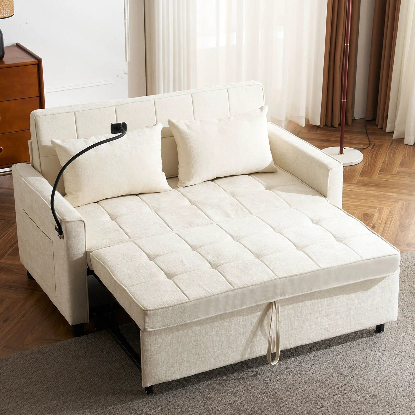 Pull-Out Sleeper Sofa With Reversible Backrest Cushion, Side Pockets, 2 USB Ports And A Phone Holder For Living Room by Unique Piece Furniture