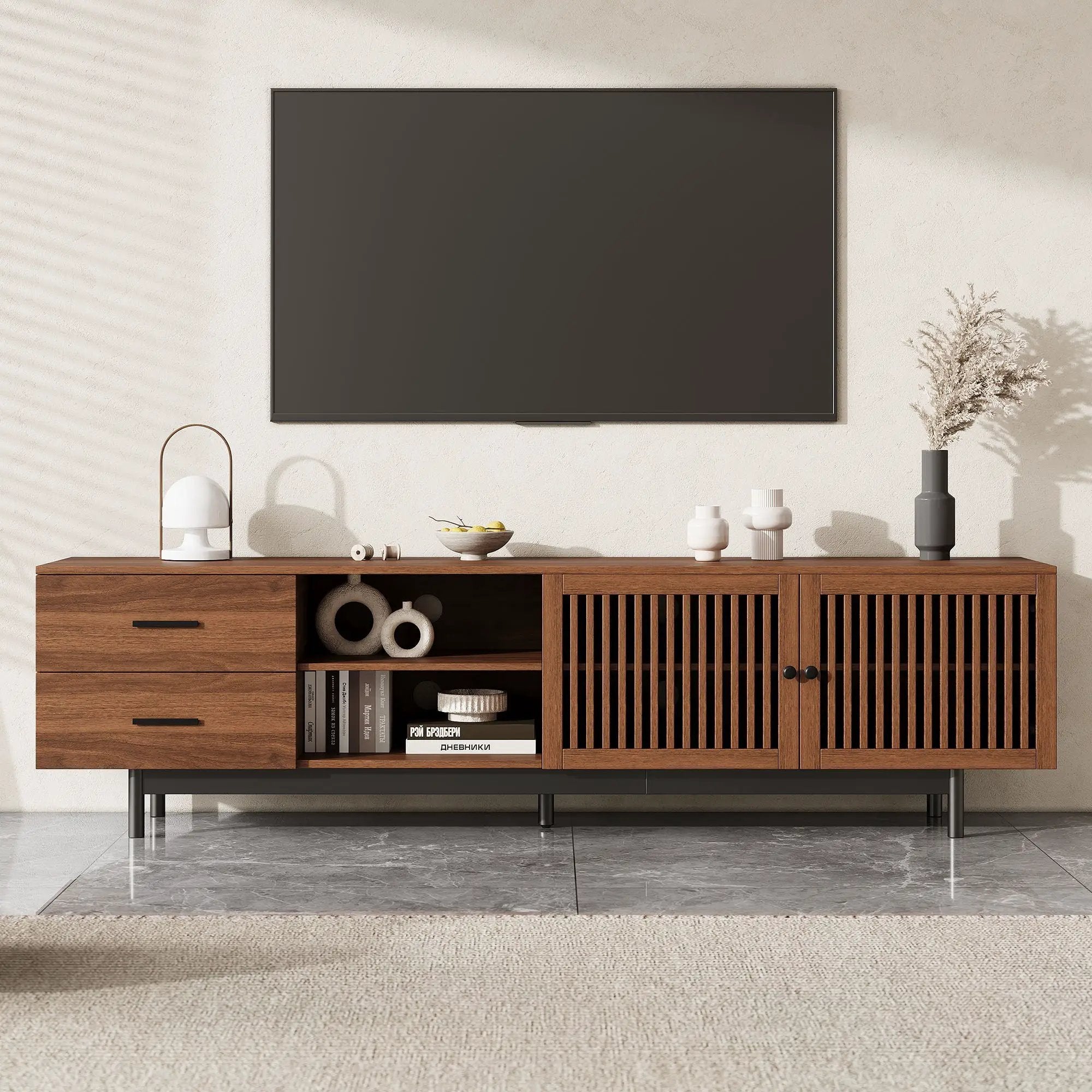 78" TV Stand For TVs Up To 85" Entertainment Center With Deep Drawers & Cable Management, Soft Closing Hinges - Walnut by Unique Piece Furniture