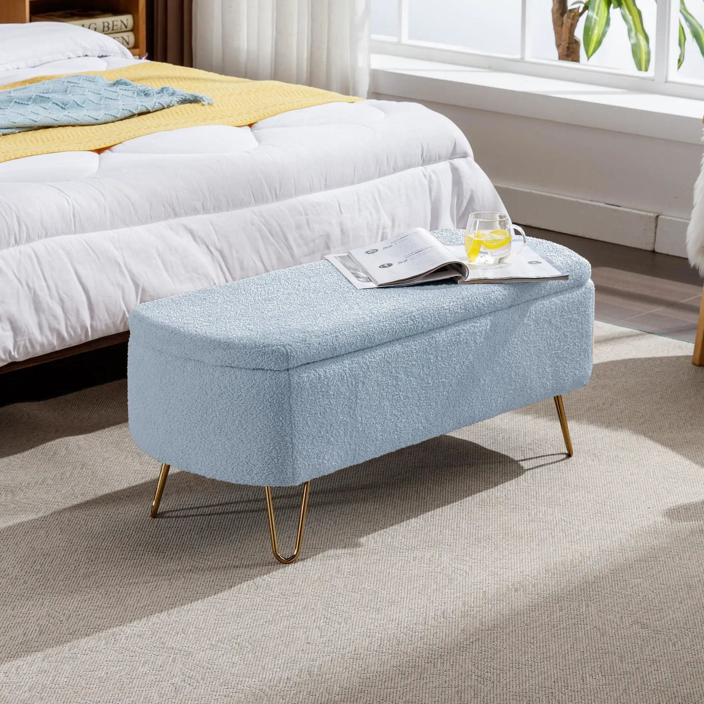 Storage Ottoman Bench For End Of Bed Legs, Modern Camel Faux Fur Entryway Bench Upholstered Padded With Storage For Living Room Bedroom by HouseOfZazla