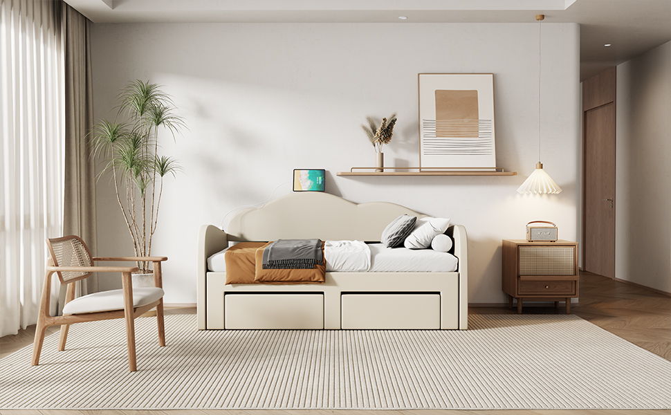 Upholstered Daybed With Cloud-Shaped Backrest, Trundle & 2 Drawers And USB Ports by HouseOfZazla