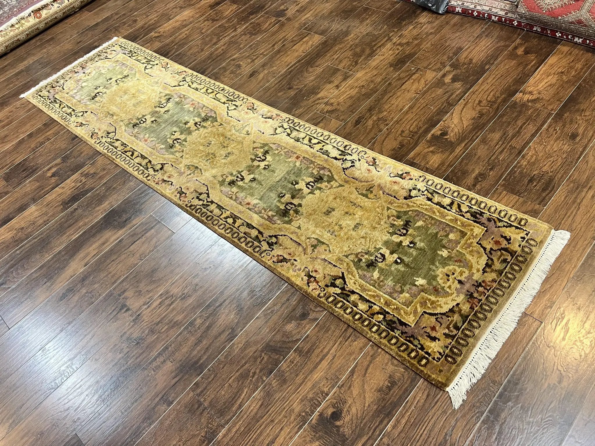 Tibetan Runner Rug 2.6 x 10, French Aubusson Pattern, Gold Olive Green, Vintage Handmade European Design, Wool Hallway Rug by Jewel Rugs
