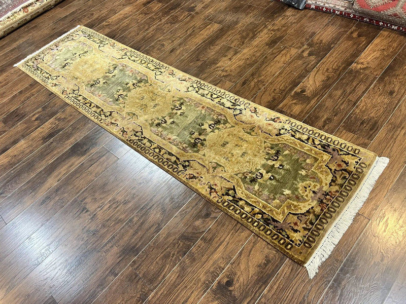 Tibetan Runner Rug 2.6 x 10, French Aubusson Pattern, Gold Olive Green, Vintage Handmade European Design, Wool Hallway Rug by Jewel Rugs