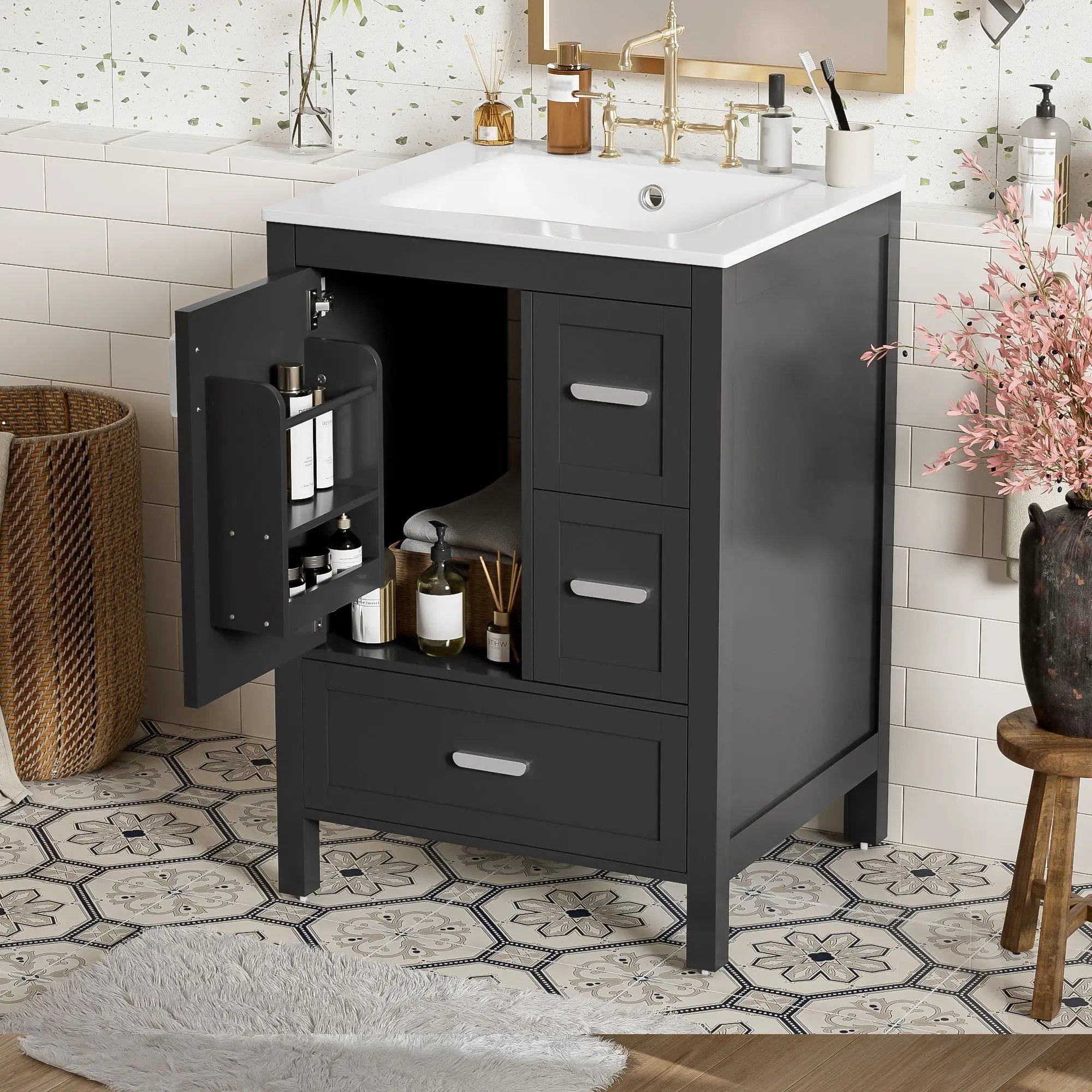 Bathroom Vanity With Sink, Soft-Close Doors, Double-Layer Shelf And 3 Drawers by Unique Piece Furniture