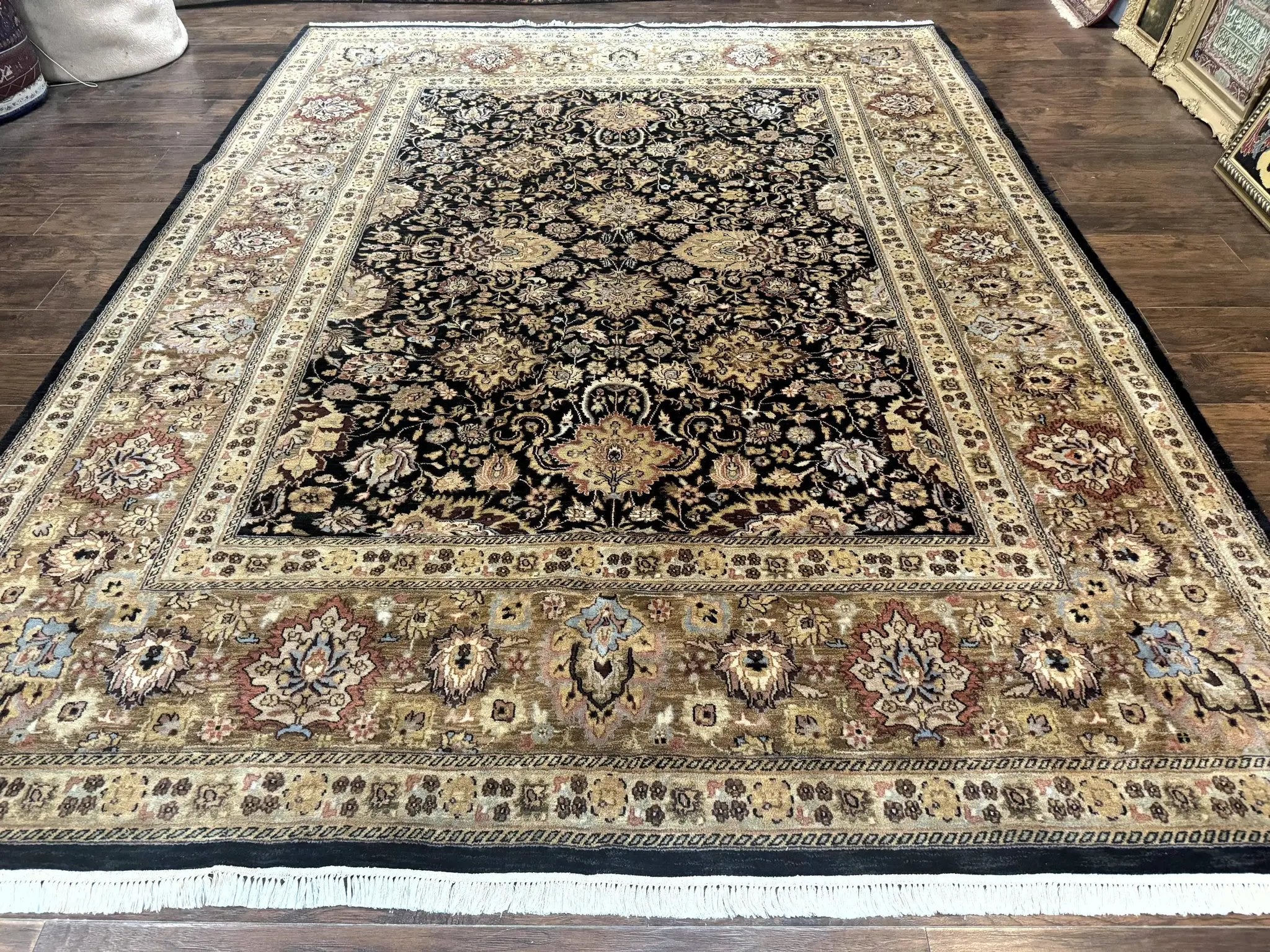 Indo Persian Rug 9x12, Floral Allover, Midnight Blue, Handmade Vintage Wool Oriental Carpet by Jewel Rugs