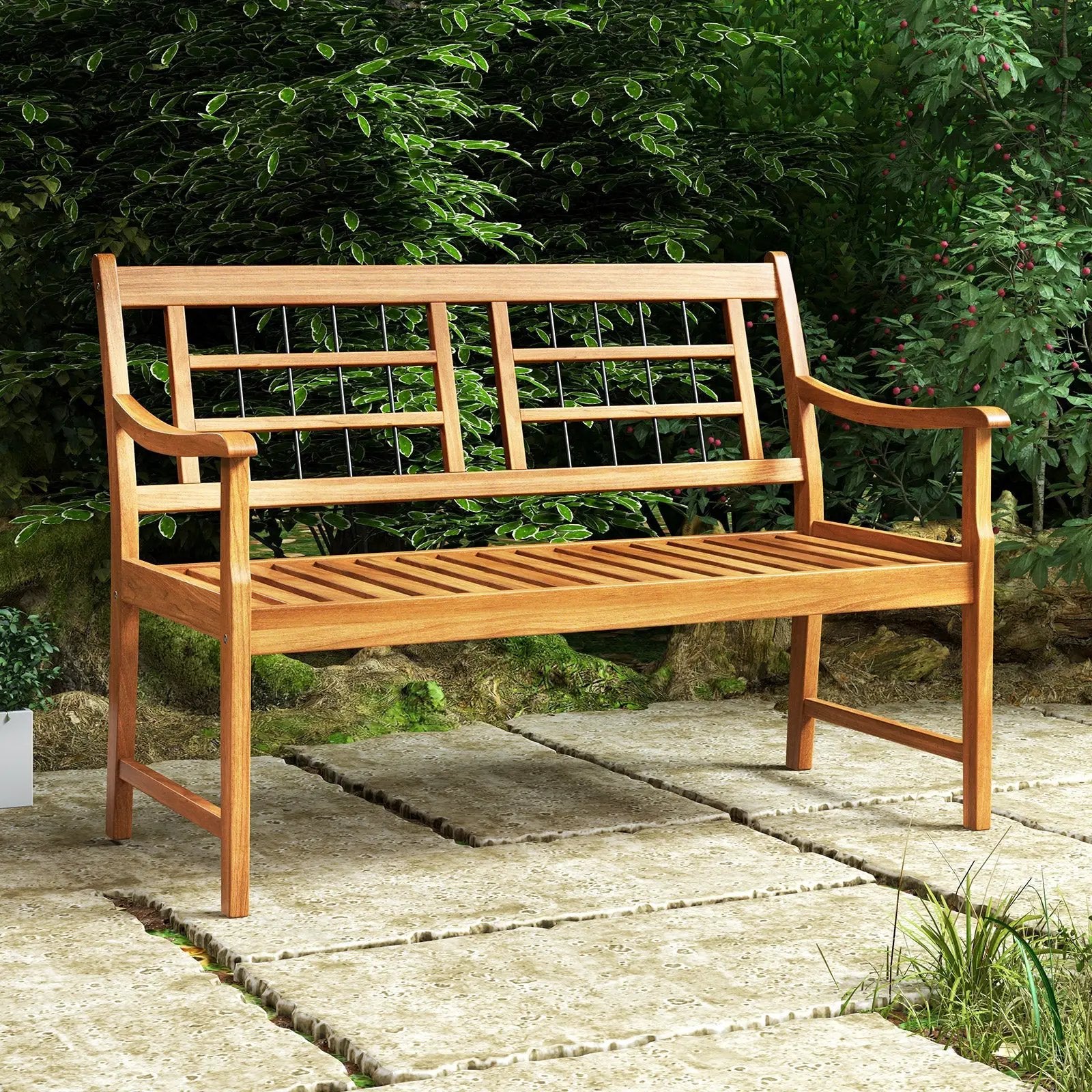 Patio Acacia Wood Bench with Curved Armrests Slatted Seat and Backrest by DirectDeals