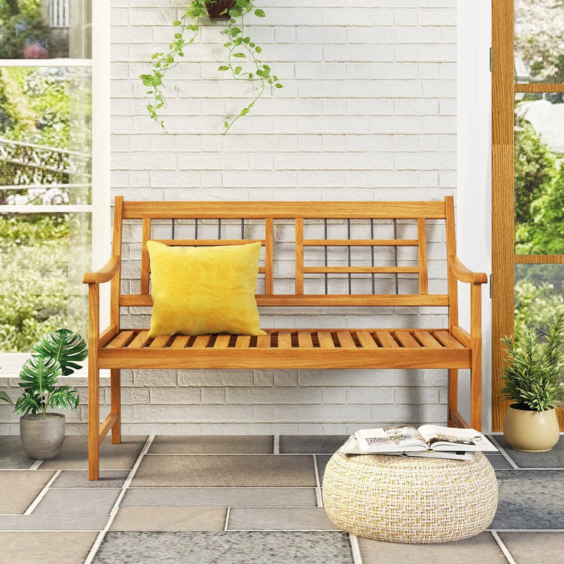 Patio Acacia Wood Bench with Curved Armrests Slatted Seat and Backrest by DirectDeals