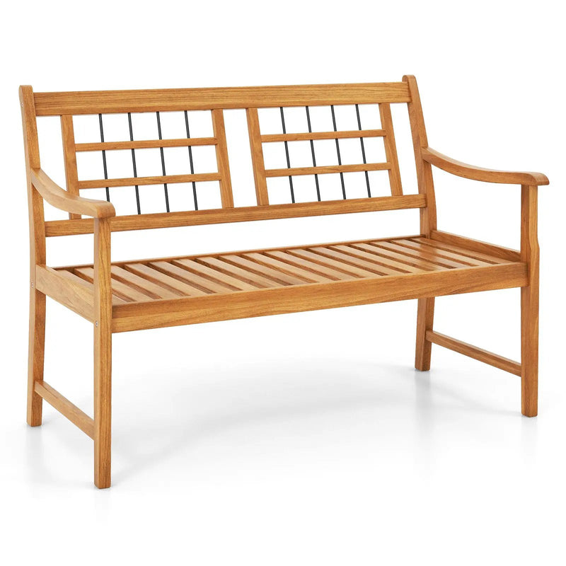 Patio Acacia Wood Bench with Curved Armrests Slatted Seat and Backrest by DirectDeals