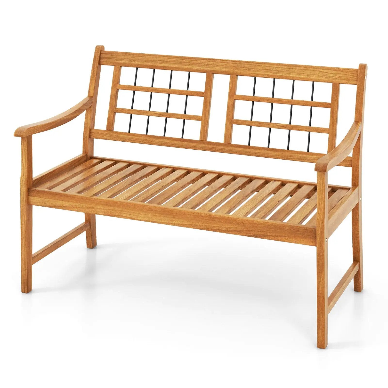 Patio Acacia Wood Bench with Curved Armrests Slatted Seat and Backrest by DirectDeals