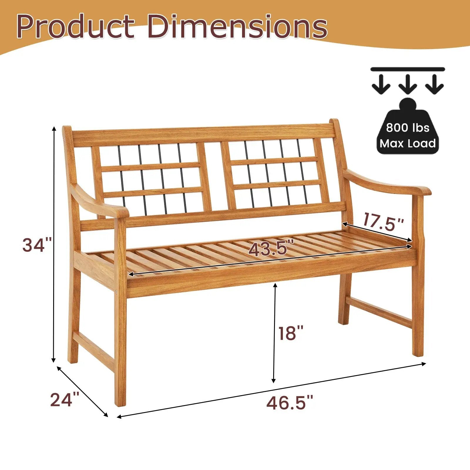 Patio Acacia Wood Bench with Curved Armrests Slatted Seat and Backrest by DirectDeals