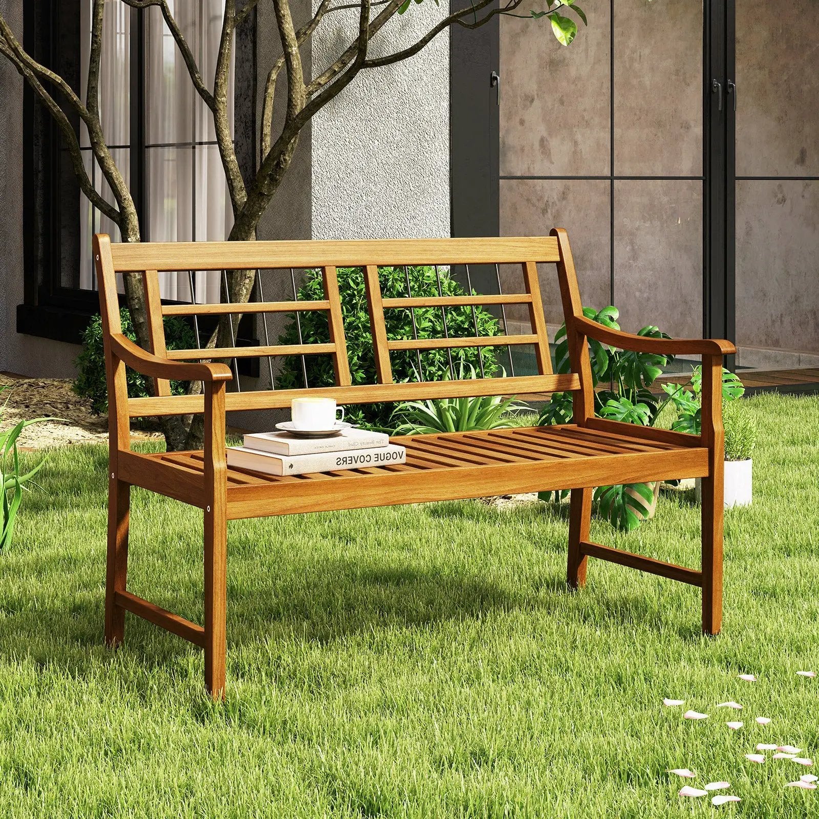 Patio Acacia Wood Bench with Curved Armrests Slatted Seat and Backrest by DirectDeals
